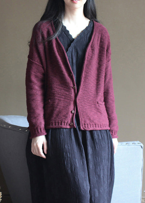 2024 Burgund gemütlichen Pullover lässige Pullover Frauen Herbst Bluse V-Ausschnitt