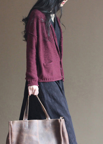 2024 Burgund gemütlichen Pullover lässige Pullover Frauen Herbst Bluse V-Ausschnitt