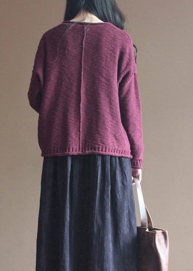 2024 Burgund gemütlichen Pullover lässige Pullover Frauen Herbst Bluse V-Ausschnitt