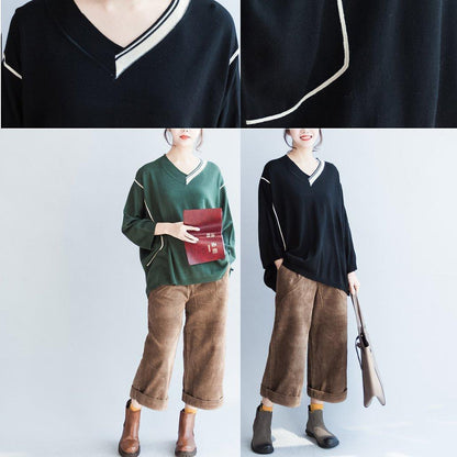 Schwarzer Baumwollpullover mit V-Ausschnitt und Patchwork-Strickoberteilen in Übergröße für Herbst 2024