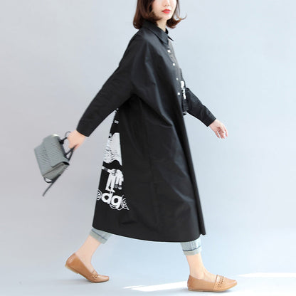 2024 Herbst schwarze Baumwolloberteile mit Tiermuster, übergroßes Hemdkleid mit O-Ausschnitt