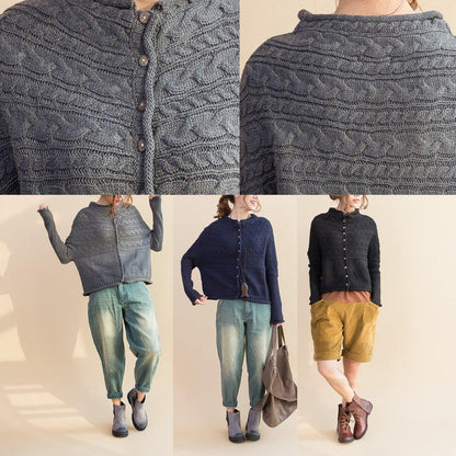2024 Herbst schwarzer Zopfmuster-Strickpullover aus Wolle mit lockerer Passform