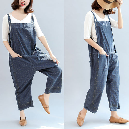 2024 Herbst blau bedruckte Baumwollhose Plus Size Jumpsuit Hose