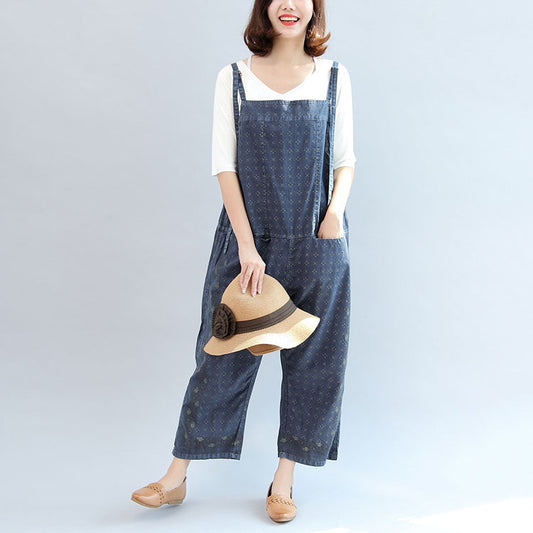 2024 Herbst blau bedruckte Baumwollhose Plus Size Jumpsuit Hose