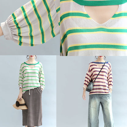 2024 fall blue striped casual cotton blouse oversize v neck tops