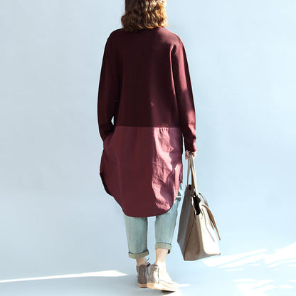 2024 Herbst Burgund Patchwork Saum Baumwolle Pullover Kleider Plus Größe Casual Strickhemden Kleid