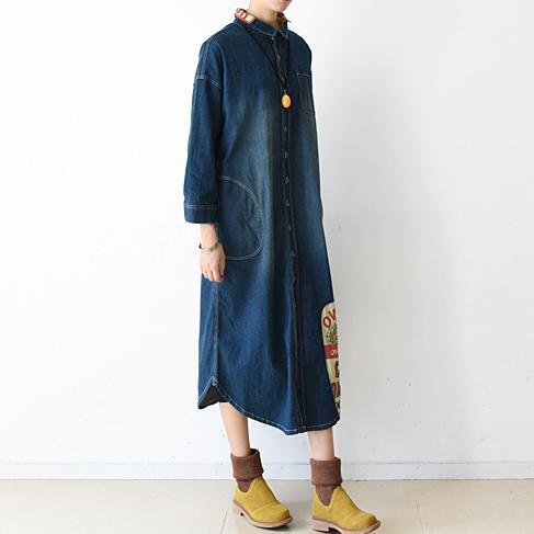 2024 Herbst Jeanskleider Plus Size langes Patchwork-Jeanshemdkleid im Casual-Stil