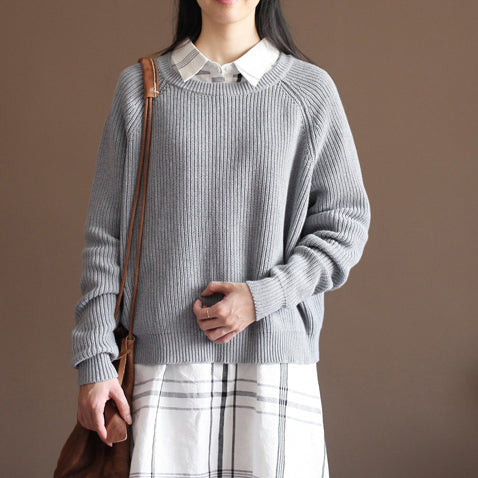 2024 Herbst graue Baumwoll-Strickoberteile übergroßer lässiger Pullover mit Fledermausärmeln