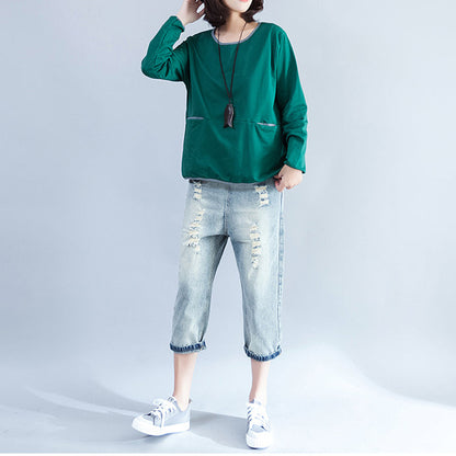 2024 Herbst grüne Mode Baumwollbluse locker geschnittenes T-Shirt