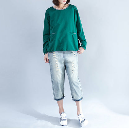 2024 Herbst grüne Mode Baumwollbluse locker geschnittenes T-Shirt