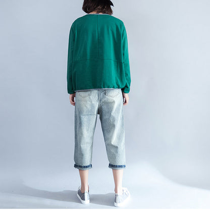 2024 Herbst grüne Mode Baumwollbluse locker geschnittenes T-Shirt