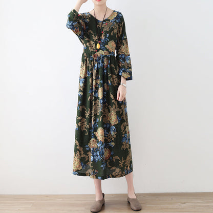 2024 Herbst grüne florale Tunika Leinenkleider langes Maxikleid aus Baumwolle