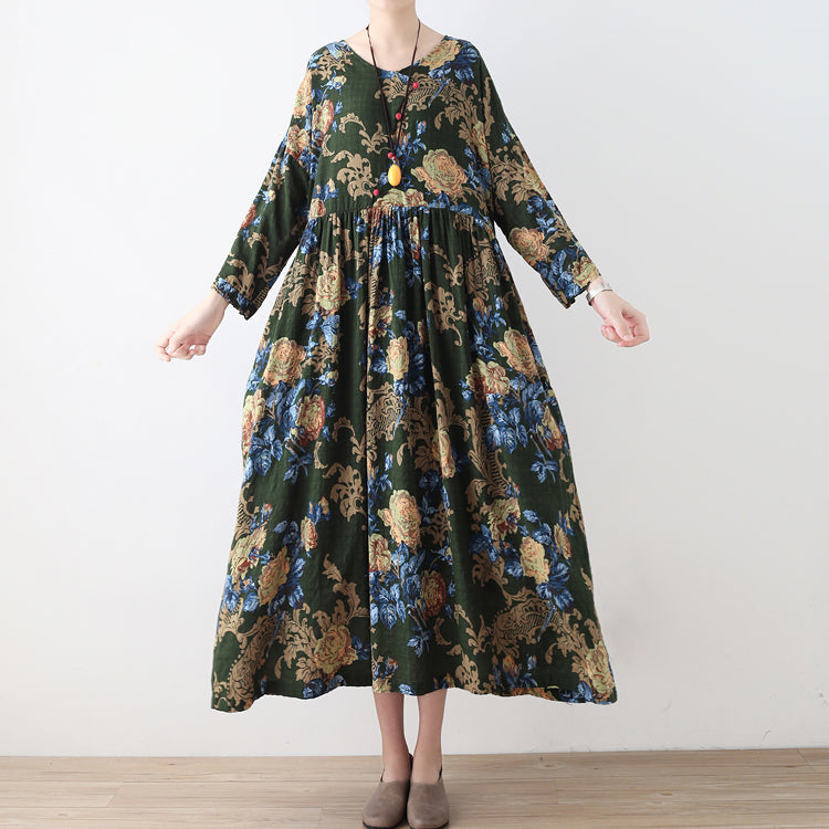 2024 Herbst grüne florale Tunika Leinenkleider langes Maxikleid aus Baumwolle