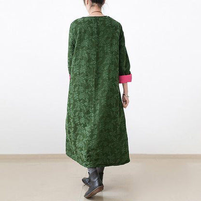 2024 Herbst jadegrün bestickte Baumwollkaftane Plus Size Baumwollkleider