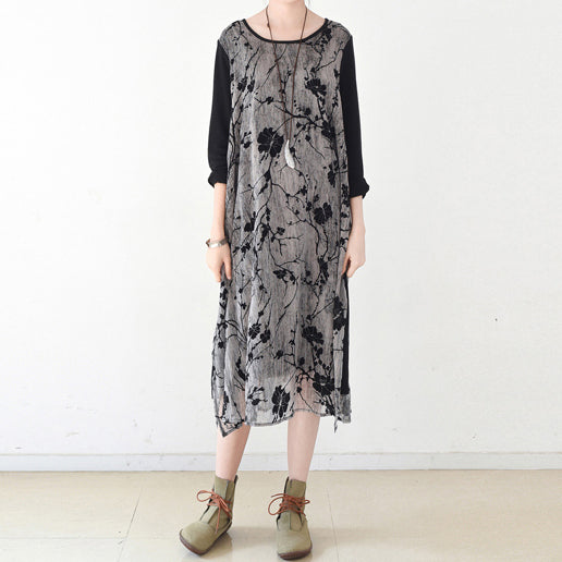 Herbstliche, mehrlagige schwarze Maxikleider in Übergröße, Chiffonkleid mit Pflaumenblumenmuster, mehrlagige Kaftane