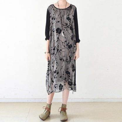 Herbstliche, mehrlagige schwarze Maxikleider in Übergröße, Chiffonkleid mit Pflaumenblumenmuster, mehrlagige Kaftane
