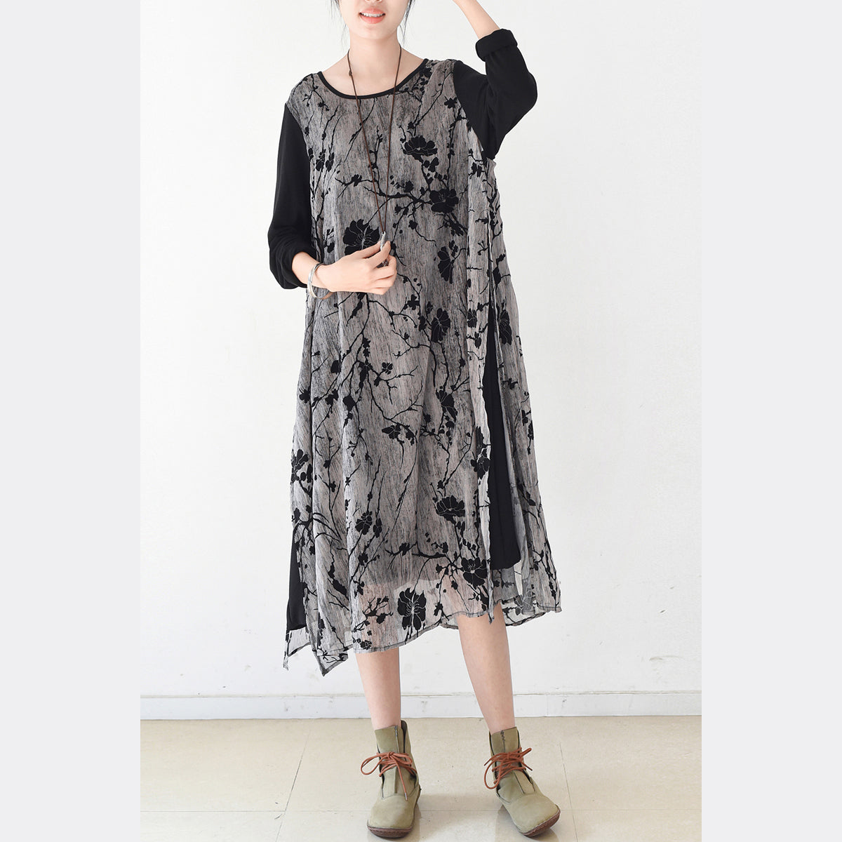 Herbstliche, mehrlagige schwarze Maxikleider in Übergröße, Chiffonkleid mit Pflaumenblumenmuster, mehrlagige Kaftane