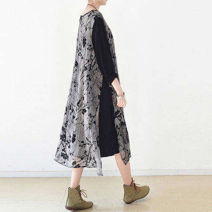 Herbstliche, mehrlagige schwarze Maxikleider in Übergröße, Chiffonkleid mit Pflaumenblumenmuster, mehrlagige Kaftane