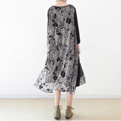 Herbstliche, mehrlagige schwarze Maxikleider in Übergröße, Chiffonkleid mit Pflaumenblumenmuster, mehrlagige Kaftane