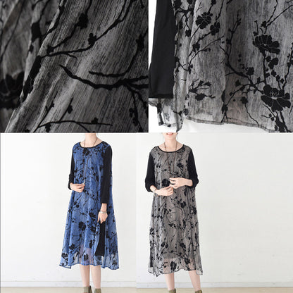 Herbstliche, mehrlagige schwarze Maxikleider in Übergröße, Chiffonkleid mit Pflaumenblumenmuster, mehrlagige Kaftane