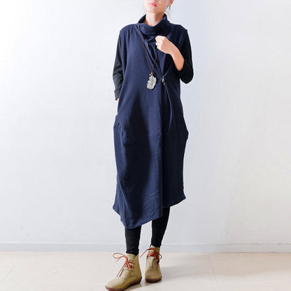2024 fall navy linen dresses shoulder zipper design oversized caftans gown
