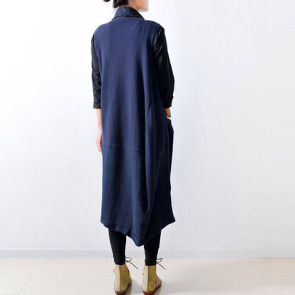 2024 fall navy linen dresses shoulder zipper design oversized caftans gown