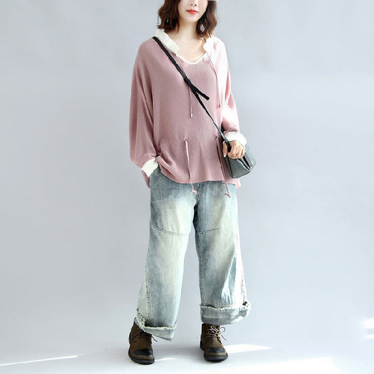 2024 Herbst rosa lässige Strickoberteile Plus Size weiße Halsrüschen Modepullover