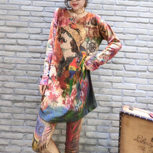 2024 herbst drucke casual frauen stricken bluse oversize mode o neck mid lange