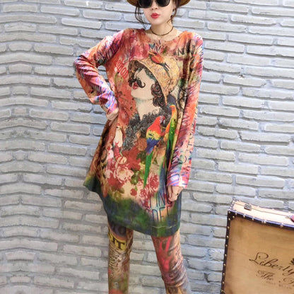 2024 herbst drucke casual frauen stricken bluse oversize mode o neck mid lange