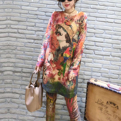2024 herbst drucke casual frauen stricken bluse oversize mode o neck mid lange