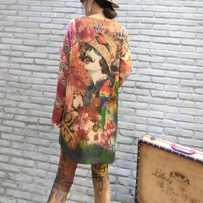 2024 herbst drucke casual frauen stricken bluse oversize mode o neck mid lange