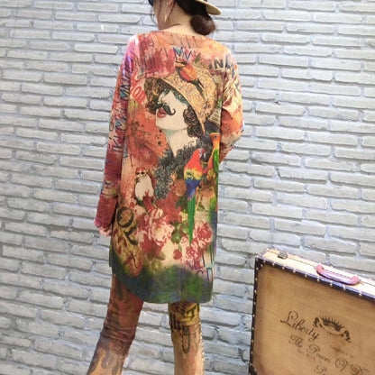 2024 herbst drucke casual frauen stricken bluse oversize mode o neck mid lange