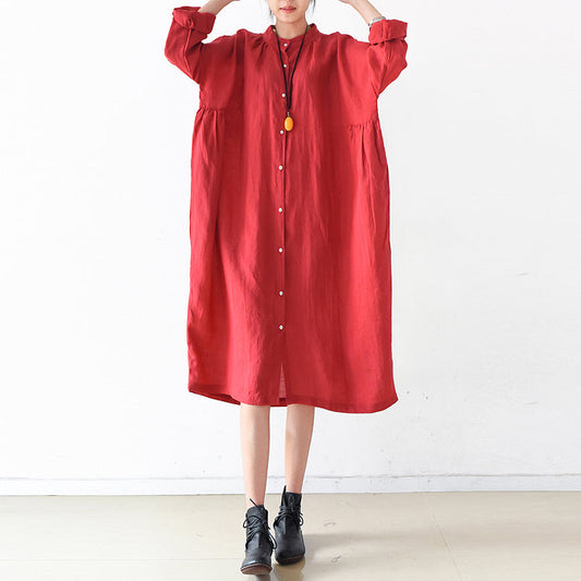 2024 Herbst rote Leinenkleider Plus Size Casual Shirt Kleid Oversize Leinen Kleidung