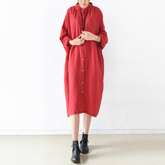 2024 Herbst rote Leinenkleider Plus Size Casual Shirt Kleid Oversize Leinen Kleidung