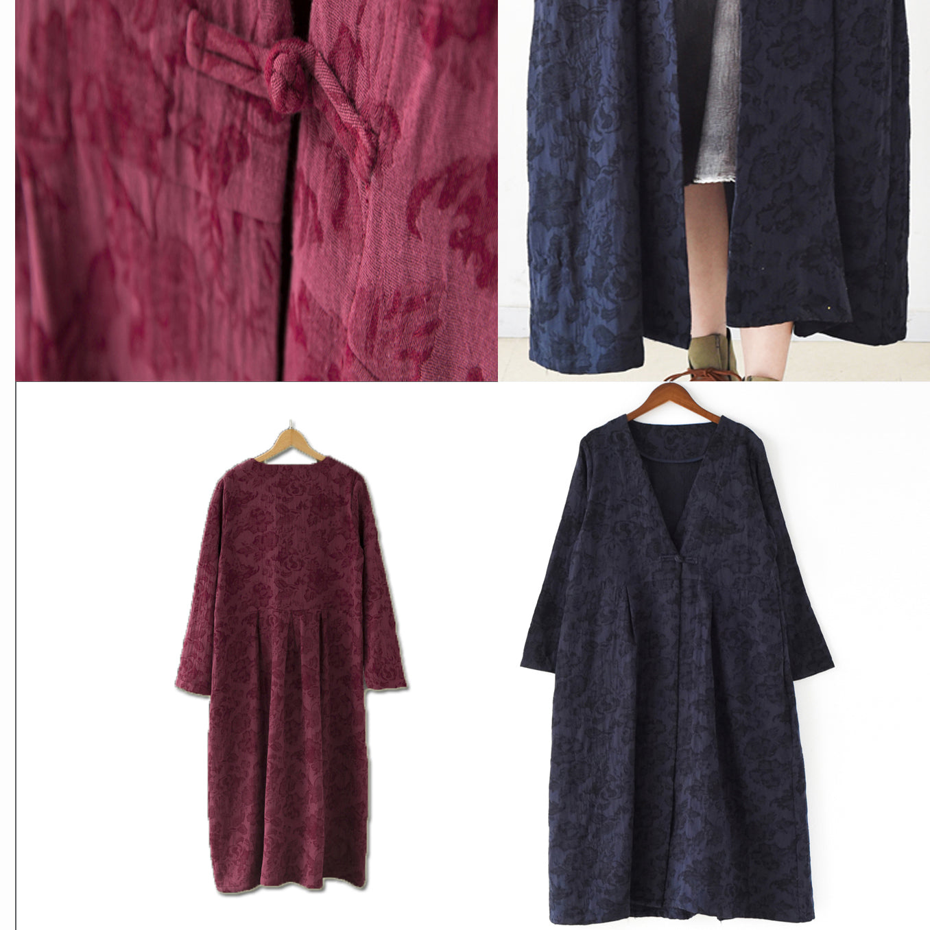 Herbsttrend 2024: Marineblaue Jacquard-Leinenmäntel, langer Maximantel, lässige Strickjacke mit V-Ausschnitt