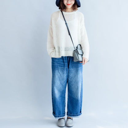 2024 herbst weiß aushöhlen baumwolle stricken tops plus größe casual langarm pullover seite offen