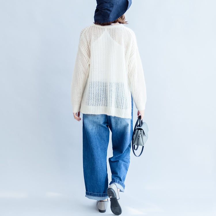 2024 herbst weiß aushöhlen baumwolle stricken tops plus größe casual langarm pullover seite offen