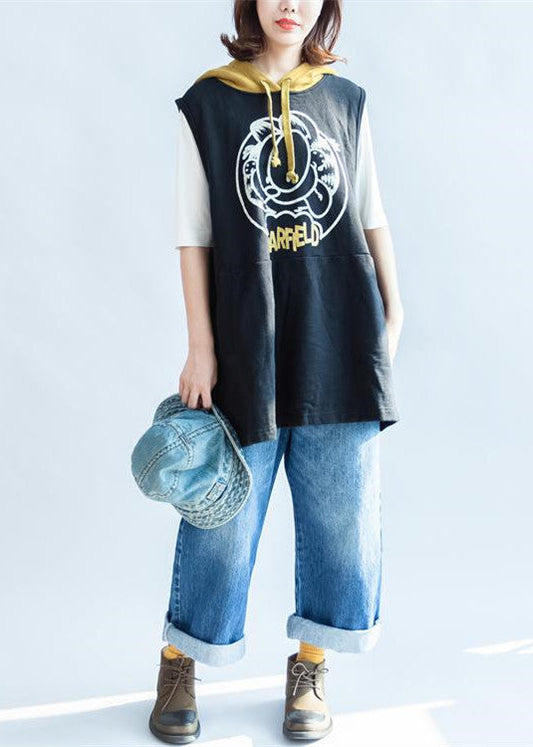 2024 Mode schwarzer Cartoon-Print ärmelloser Pullover aus Baumwolle mit übergroßer Kapuze dicke Westen