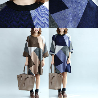 2024 geometrische Patchwork-Baumwollstrickkleider in Übergröße, lässiges Pulloverkleid mit Armbandärmeln