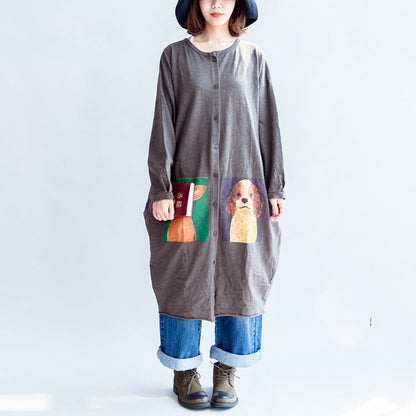 2024 graue Baumwoll-Cardigans mit Cartoon-Print in Übergröße, lässige große Mäntel