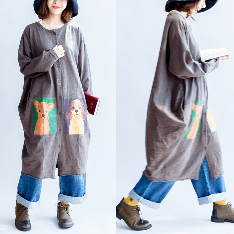 2024 graue Baumwoll-Cardigans mit Cartoon-Print in Übergröße, lässige große Mäntel