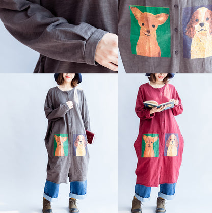 2024 graue Baumwoll-Cardigans mit Cartoon-Print in Übergröße, lässige große Mäntel