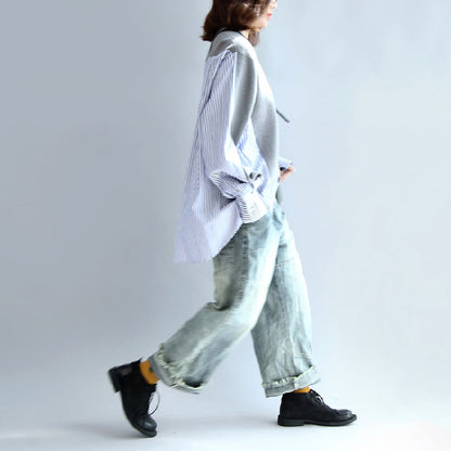 2024 grau gestreifte Patchwork-Strickjacke aus Baumwolle mit lockerem V-Ausschnitt