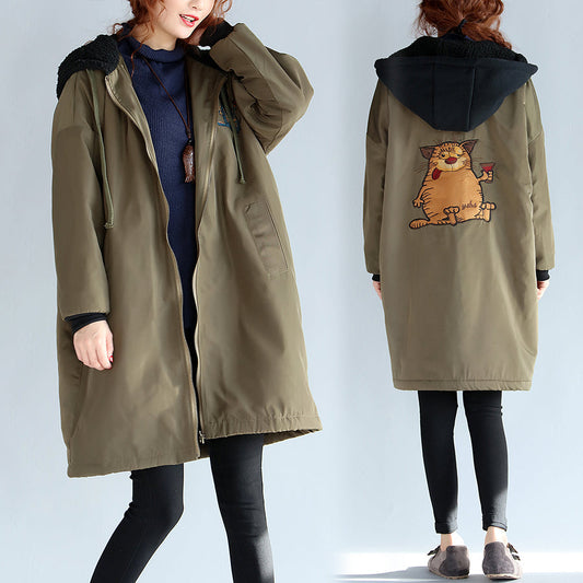 2024 grün plus size baumwolle dicke mäntel cartoon drucke kapuze warme reißverschluss trenchcoats