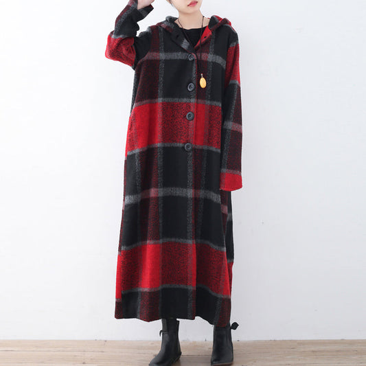 2024 green woolen coat casual trench coat plaid long coats hooded