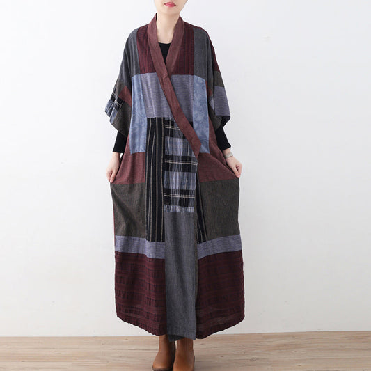 2024 mehrfarbiges langes Leinenkleid Locker sitzendes Patchwork-Leinenkleid Neue Kaftane mit Taillenbindung
