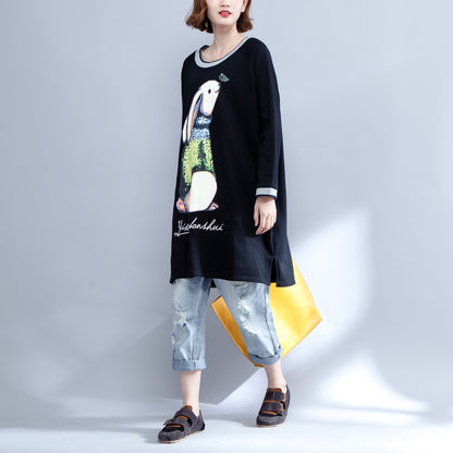 2024 neue schwarze Baumwollkleider Baggy Fit O-Ausschnitt Freizeitkleider Animalprints