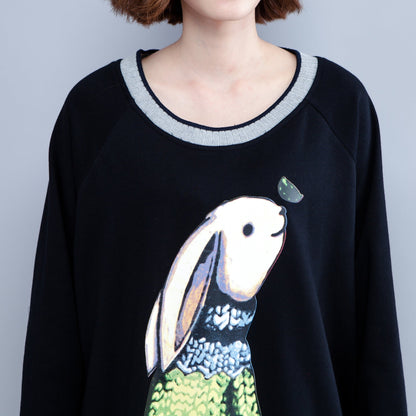 2024 neue schwarze Baumwollkleider Baggy Fit O-Ausschnitt Freizeitkleider Animalprints