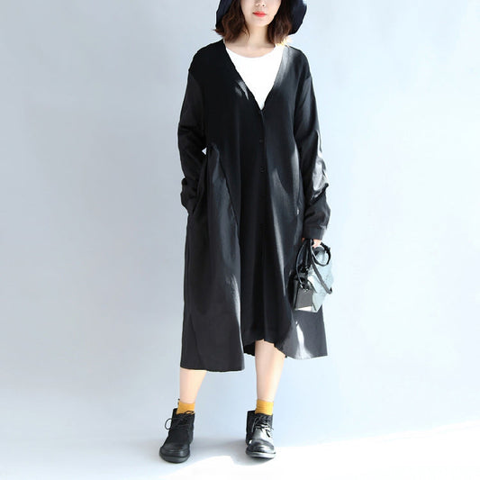 2024 neue schwarze Patchwork-Oberbekleidung aus Baumwolle und Seide in Übergröße mit V-Ausschnitt und großem Saum