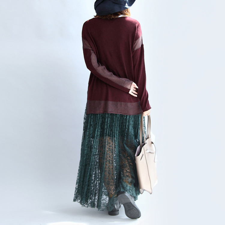 2024 neue burgunderfarbene Patchwork-Oberteile aus Wollmischung in Übergröße, Pullover, seitlich offen